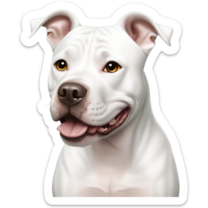 Smiling White American Staffordshire terrier with light gray/brown patches by only her left ear and blue eyes sticker