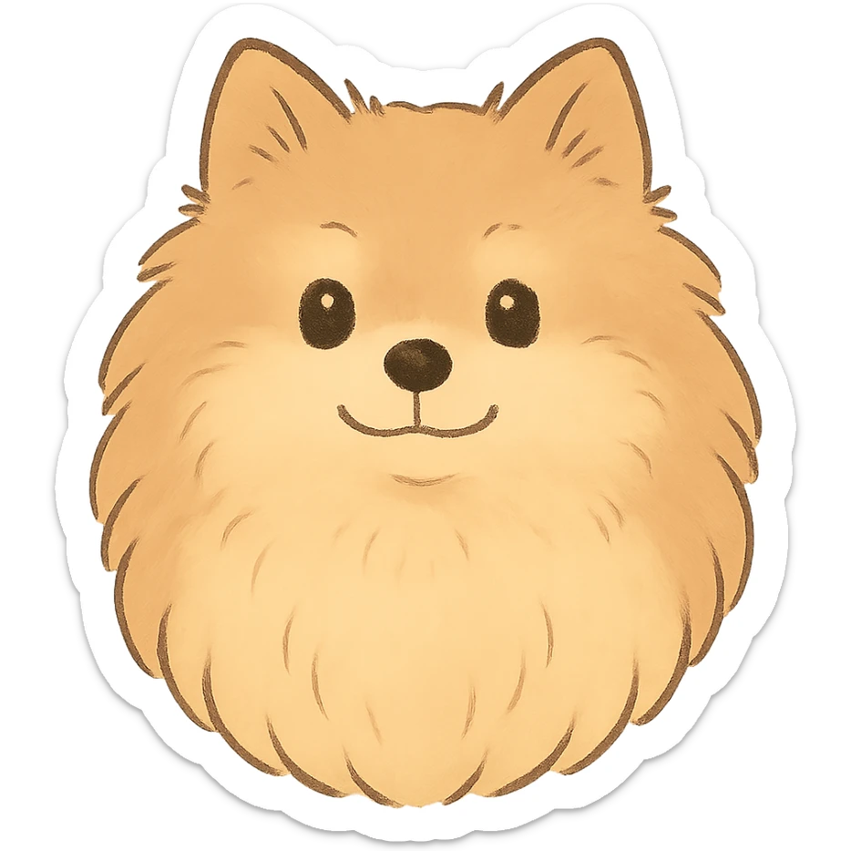 A Pomeranian Spitz emoji in the style of Ghibli films, with soft colors and a gentle expression. sticker