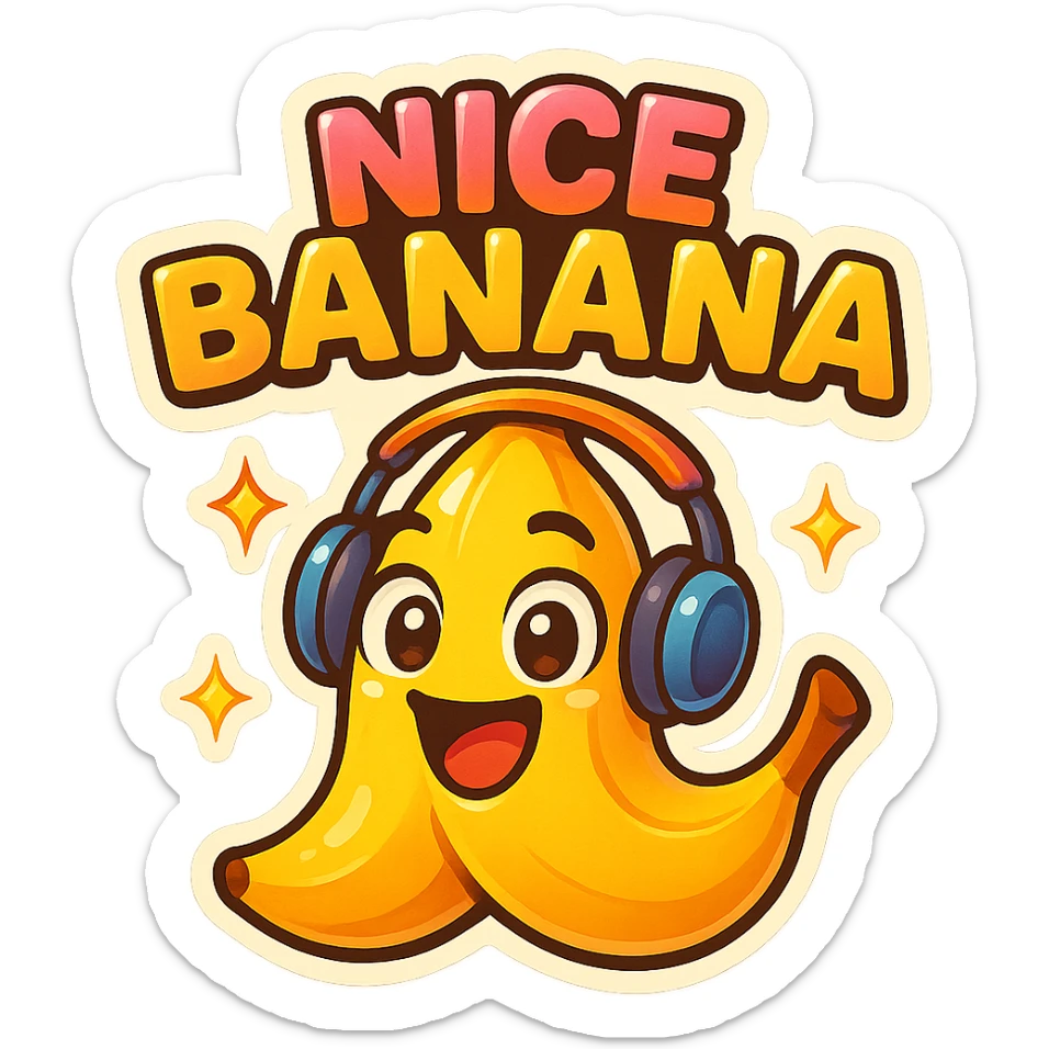 Funny cartoon banana, big happy smiling face, wearing tiny headphones, wide excited eyes, tiny sparkles around, text above: "NE BANANA", chibi style, Twitch emoji style, colorful, transparent background sticker