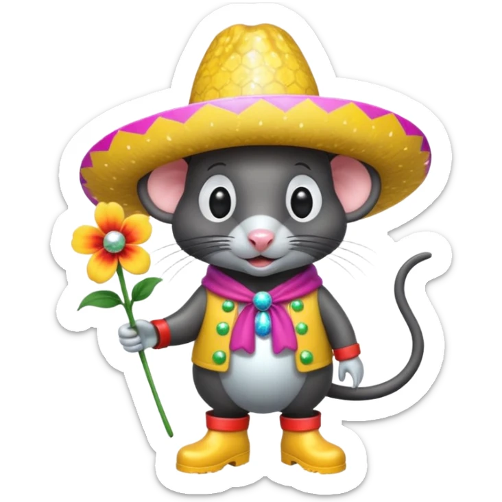 Rat eating a maruchan in one hand and a flower in the other with boots on for rain and that has one eye that looks like a disco ball as well with a Mexican hat one with a big nose and the rat has to be black  sticker