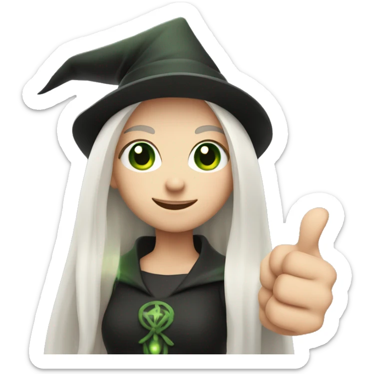 Young witch with white hair, white skin and cap, green eyes, thumbs up   sticker