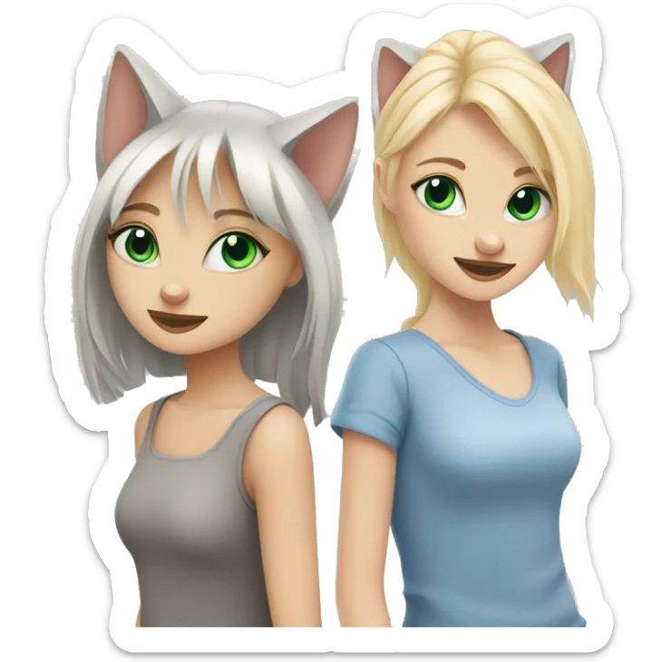blue eyes grey kitten and green eyes blonde girl are friends sticker