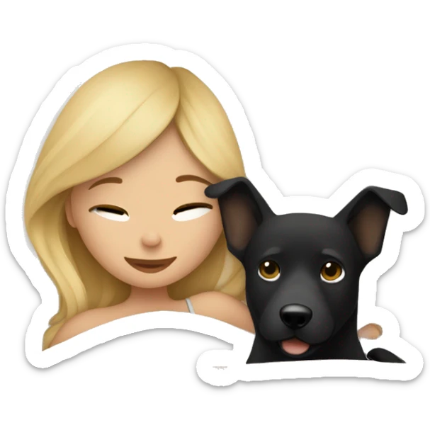 blond girl cuddling in bed with a black/ tan colored dog and cozy blankets sticker