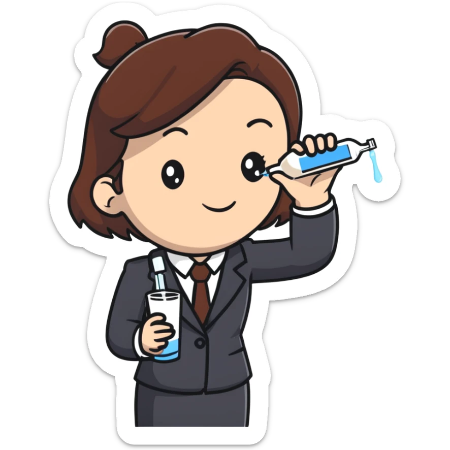 Mom with brown hair in business suit drinking milk and holding a vaccine syringe sticker
