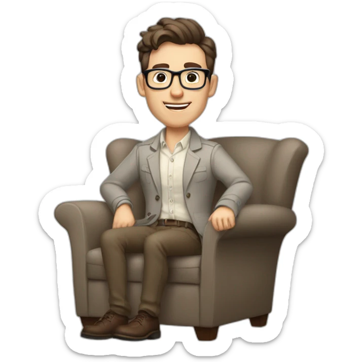 Joyful Pale skinned Fit Man With dark brown hair in gray jacket, beige office shirt, Brown pants and vintage glasses sitting In a soft chair. His thrumbs up sticker