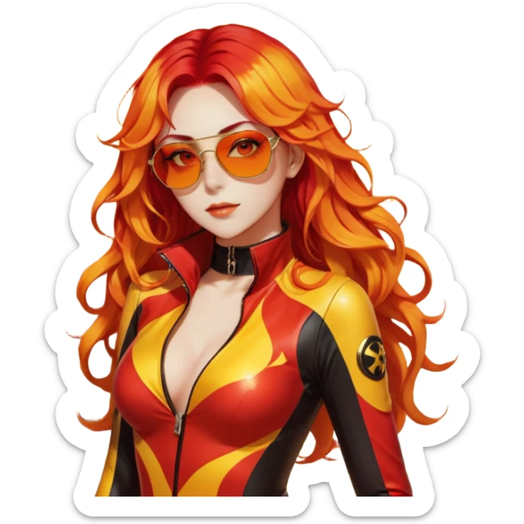 Beautiful gorgeous anime lady with beautiful fiery long warm-red-orange-yellow-gradient-wavy-special-hair, fashion aesthetic, slim red-tinted-sunglasses, accessories, gold jewelries, red-and-yellow sunny-pattern-eyes, black latex-suit, biker-woman, cool, badass, gold-sun-shaped-earrings sticker