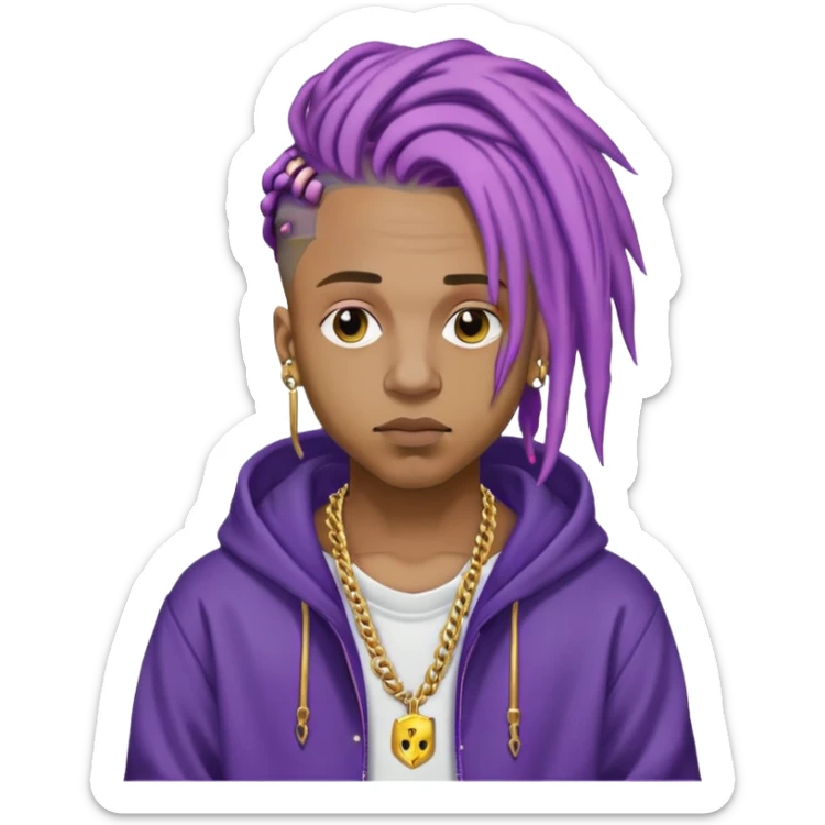 Juice WRLD with purple dreadlocks, 999 tattoo, gold chain, and hoodie sticker