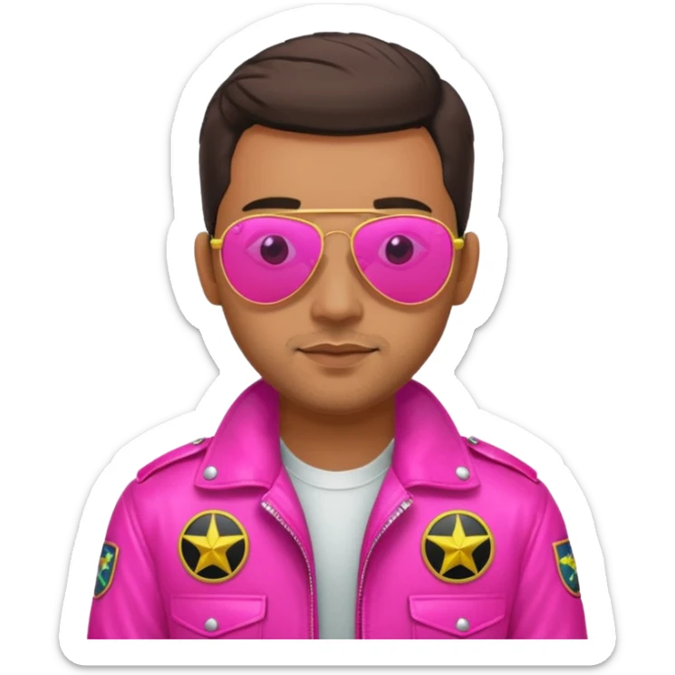 1980s cool man with stubble wearing reflective neon pink aviator sunglasses and a pilot topgun jacket sticker