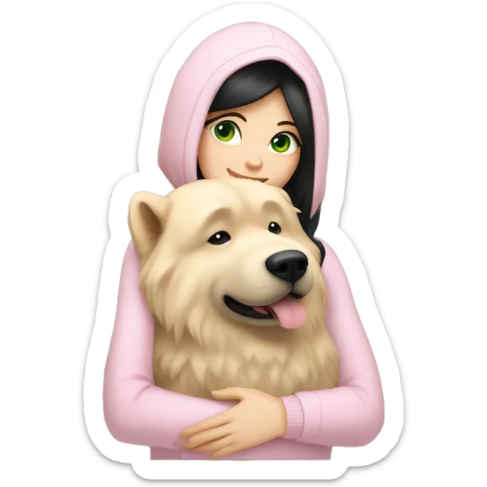 pretty woman with pale skin, very long black hair and green eyes and light pink outfit hugging a beige fluffy chow chow dog sticker