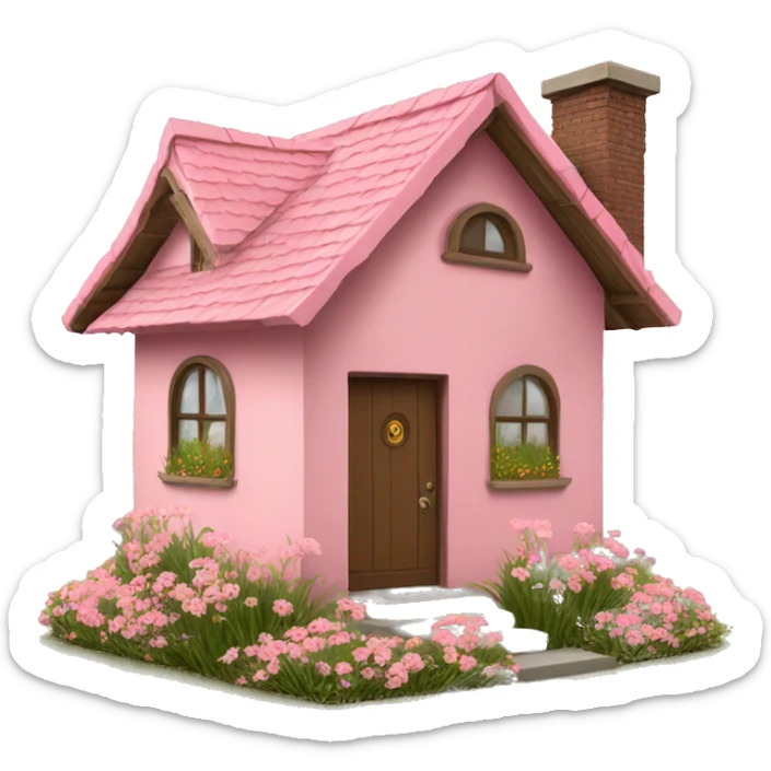 Emoji house with grass and flowers painted pink and a light brown roof sticker