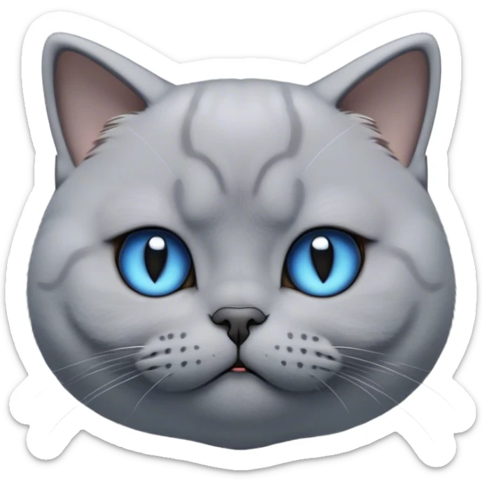 Cinematic Cute Bored Grey British Shorthair Cat Portrait Emoji, Head tilted slightly with a scrunched, bored expression, sleek soft grey fur with subtle blue undertones, Simplified yet adorable features, highly detailed, glowing with a soft, friendly glow, high shine, curious but clearly uninterested, stylized with a touch of whimsy, soft glowing outline, capturing the essence of a bored yet irresistibly cute kitty, so endearing it feels like it could tilt its head and let out a dramatic sigh at any moment! sticker