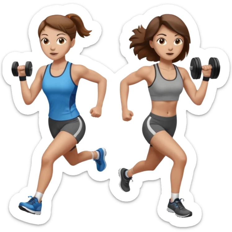 two women. only one is running. the other is only lifting weights. brown hair, light skin, hazel eyes. sticker