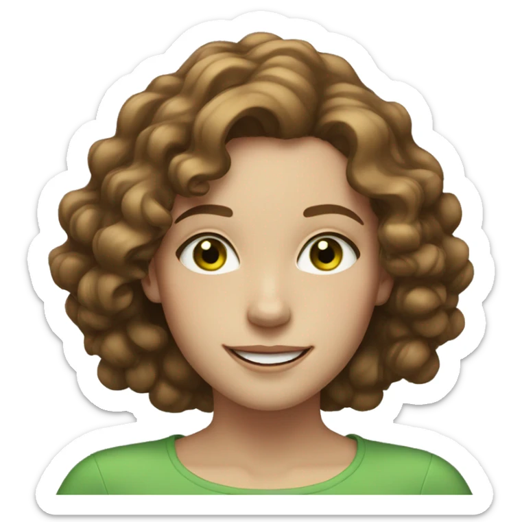 pale young woman with neck length brown curly hair, green eyes, and freckles smiling sticker