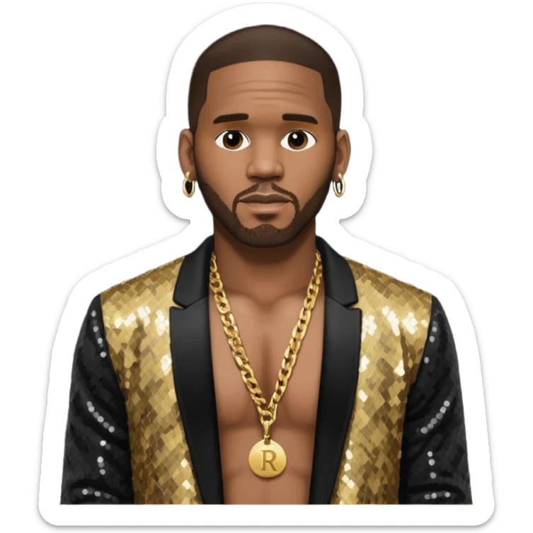 R. Kelly with dark brown hair, black sequin jacket, shirtless with necklace sticker