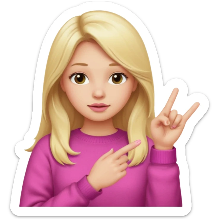 blonde girl with long hair and plump lips shows fingers rock dressed in a pink sweater sticker