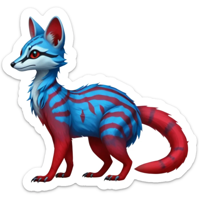 Feral Rare Fantasy vibrant dark shady shaded detailed cyan-cobalt-blue-crimson-red-gradients-colored colorful Vernid-Sergal-Genet-Trico-species by LiLaiRa, random markings, tufted tail, tufted ears, full body sticker