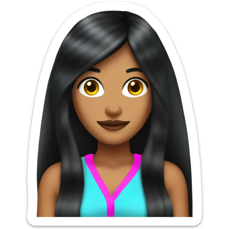 Tanned woman with long black hair dressed in Y2K hair, makeup, and neon attire sticker