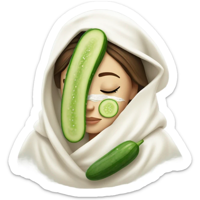 Girl with freackles Brown hair white skin and blue eyes wears Green colored texture skin care mask all over her face while She relaxes she puts on two mini round piece of cucumber on her closed eyes In a white Robe sticker