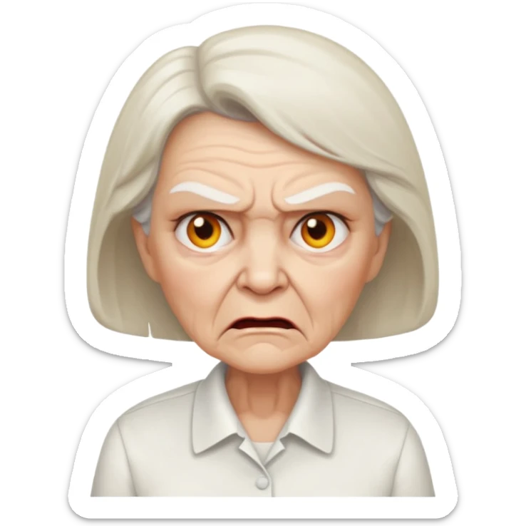 a portrait of angry elderly woman, wearing shirt sticker