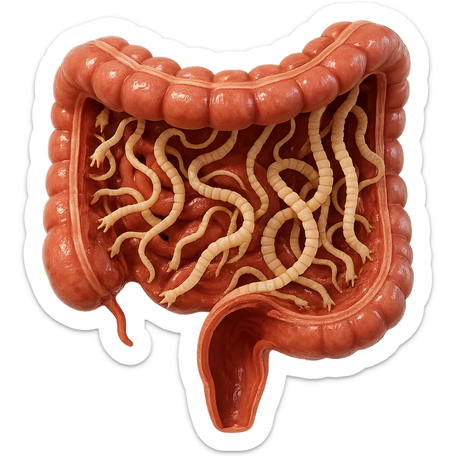 3D cross-section of human intestine with numerous tapeworm parasites attached to the wall, hyperrealistic details, glossy texture, 4K, isolated on white background sticker