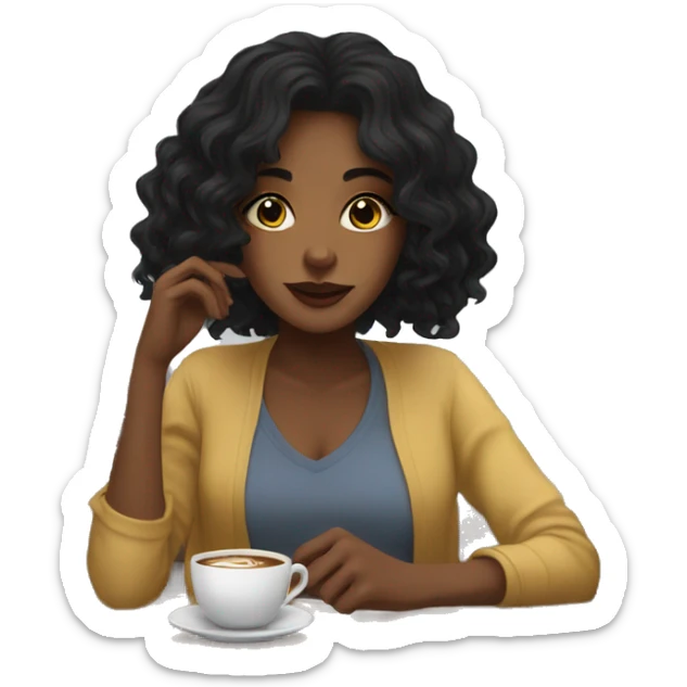 aesthetic girl with black wavy hair sipping coffee in a cute coffee shop  sticker