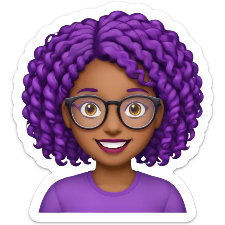 nerd emoji like with glasses showing only her 2 buck teeth but it’s a black girl with purple black curly hair no shoulders sticker