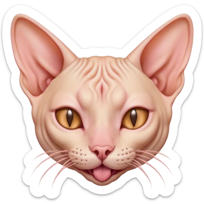 Cinematic Cute Yawning Sphynx Cat Portrait Emoji, Head tilted slightly with a dramatic, wide-open yawn, delicate, hairless skin in soft peach and pink tones, long, elegant limbs stretching lazily, piercing almond-shaped eyes that are barely open, Simplified yet irresistibly adorable features, highly detailed, glowing with a soft, cozy glow, high shine, relaxed yet expressive, stylized with a touch of whimsy, bright and endearing, soft glowing outline, capturing the essence of a sleepy yet affectionate kitty, so drowsy it feels like it could stretch right out of the screen and curl up for a nap! sticker