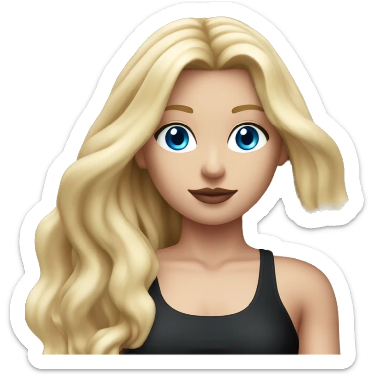 Woman with blue eyes, pink lips and long blonde straight hair. black swimsuit. black band with metal ring around neck sticker