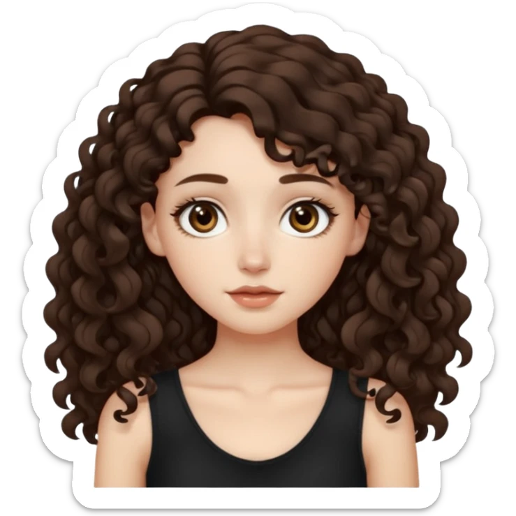 Aesthetic white girl with long curly hair color dark brown, hair most be in front of the shoulders (hair in front of the shoulders, less voluminous). Big almond shape eyes color brown, small wide nose, natural lips, sweet expression. Dressed with a cute tight top color black.  sticker
