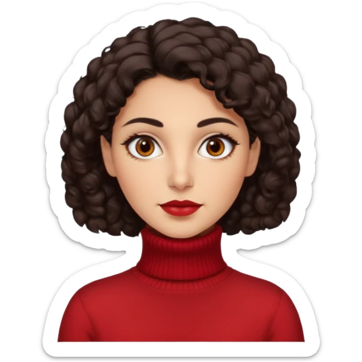 30 yr iranian woman dark brown hair curly wavy short hair, red turtle neck sweater, very thick eyebrows, light skin, dark brown eyes sticker