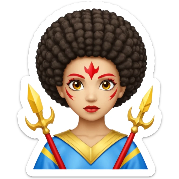 Emoji metisse femboy mais plus masculin avec drapeau ukrainien arriere plan, un afro, sourcils rouge, fourche trident, et eclairs et sur fond bleu clair irrisé. Peau lightskin, yeux marron et cheveux marron bouclés mais en mode afro pixi cut sticker