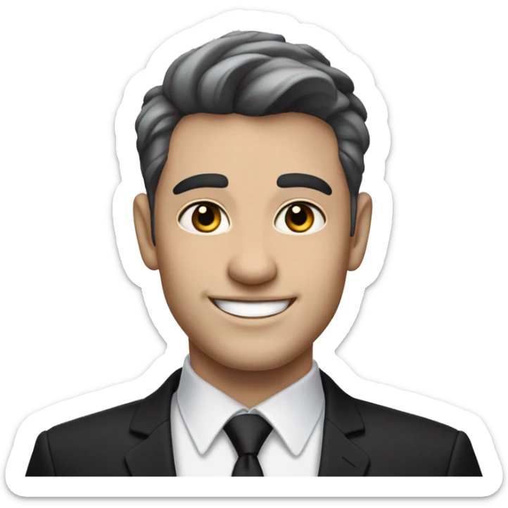 Portrait of an adult smiling man, pale light skin, short bold black-gray ombre hair, black eyes, wearing a black office suit and a white collared shirt underneath. sticker