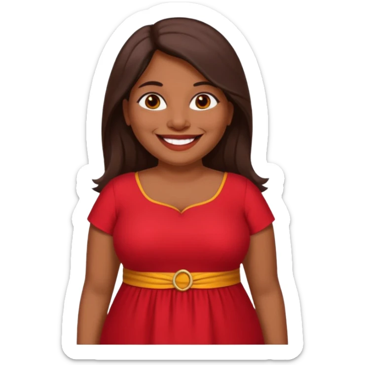 50 yr old chubby Sri Lankan woman, dark skin, straight brown hair, big smile, white teeth, red dress clothes, longer hair sticker