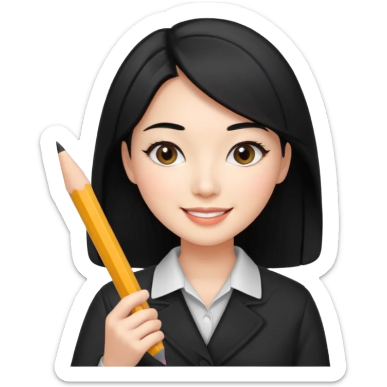 a korean cosmetics marketing expert women with black hair, holding pencil and phone sticker