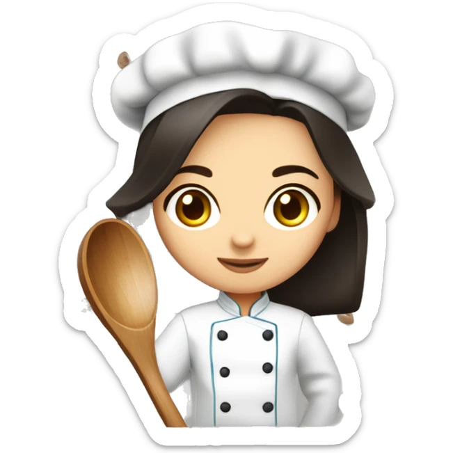 Uzbek cute female chef with dark shoulder length hair, dark brown eyes and a cooking wooden spoon in her hand and some basil in the other  sticker