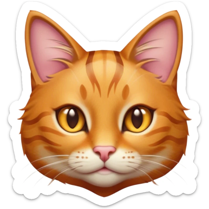 Cinematic Cute Ginger Tabby Cat Portrait Emoji, Head tilted playfully and inquisitively, sleek orange-brown fur with bold tabby stripes and a distinctive M-shaped marking on the forehead, sparkling amber eyes, Simplified yet irresistibly adorable features, highly detailed, glowing with a warm, friendly glow, high shine, affectionate and curious, stylized with a touch of whimsy, bright and endearing, soft glowing outline, capturing the essence of a mischievous yet loving kitten, so playful it feels like it could pounce out of the screen and into your arms! sticker