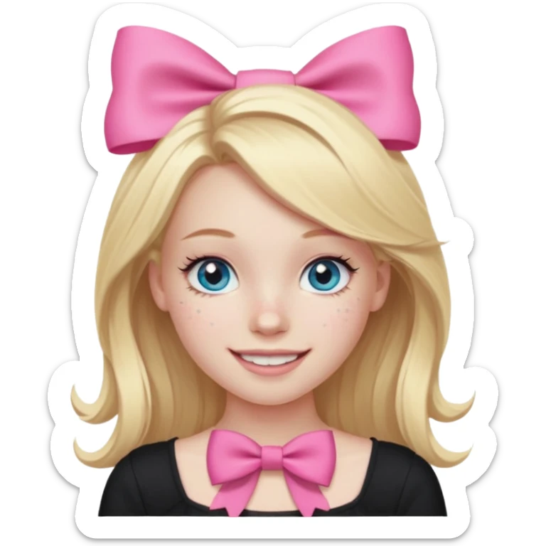 A blonde girl, teen, pale skin, freckles, light blu eyes, lashes, smiling, black top, pink coqquete bow in hair sticker