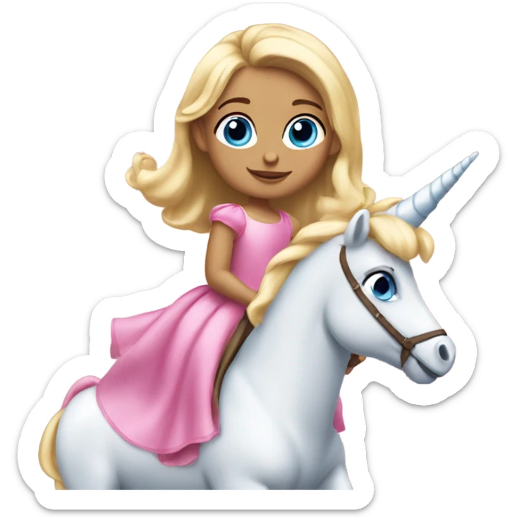 5 year old blonde girl blue eyes in a princess dress riding a big pink unicorn  sticker