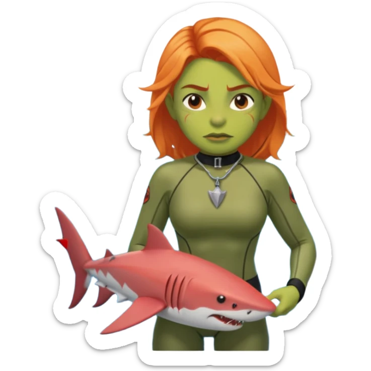 orc female in rescue tube, scanning horizon. Rash guard, shark tooth necklace sticker