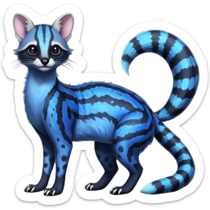 Feral Rare Fantasy iridescent scaly evil spooky vibrant dark shady shaded detailed deep-dark-cobalt-blue-gradients-colored colorful Genet-Trico-Civet-Cacomistle-Margay-species by LiLaiRa, with dark-blackish points, white belly, random markings, tufted tail, tufted ears, full body sticker