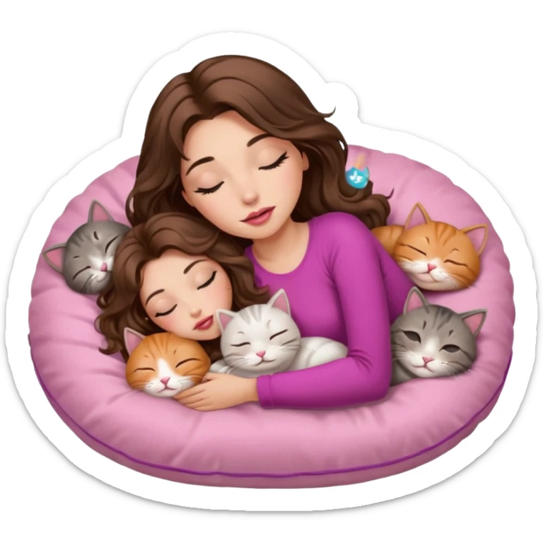 girl with long wavy brown hair, brown eyes, long lashes makeup, sexy pink lips, light to medium complexion, sleeping on a cozy pillow with 6 cats sticker