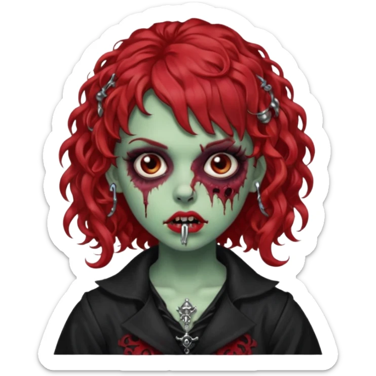 zombie girl red hair cacheado médio e franja, com piercings na boca, nariz e sobrancelha,  roupa gótica  sticker