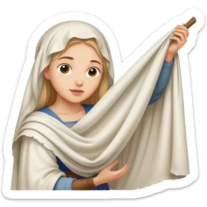 young washerwoman hanging large cloth spread out with the vernicle, age medieval sticker