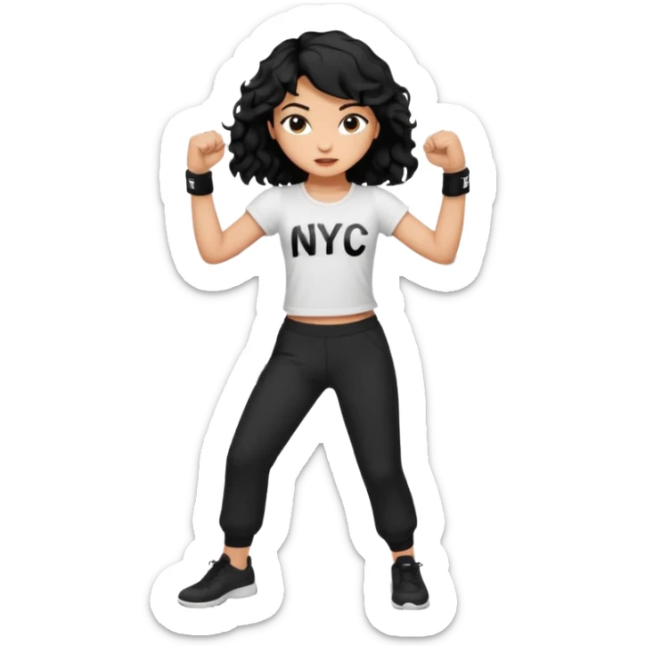 Make a girl with black wavy hair wearing a white top that says NYC in black writing and just black pants and make her punch sticker