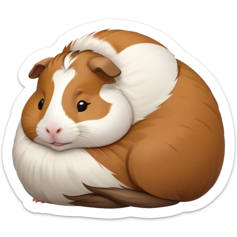 Meme-Worthy Cute Sleeping Brown and White Banded Guinea Pig Portrait Emoji, Head resting peacefully with a contented smile, showcasing a delightfully chubby build and a luxuriously soft banded fur of brown and white, eyes shut in a serene, cozy nap, Simplified yet hilariously adorable features, highly detailed, glowing with a soft, drowsy light, high shine, relaxed and utterly lovable, stylized with an air of playful laziness, bright and heartwarming, soft glowing outline, capturing the essence of a comically sleepy guinea pig, so meme-worthy it feels like it could instantly become the next viral sensation of adorable slumber! sticker
