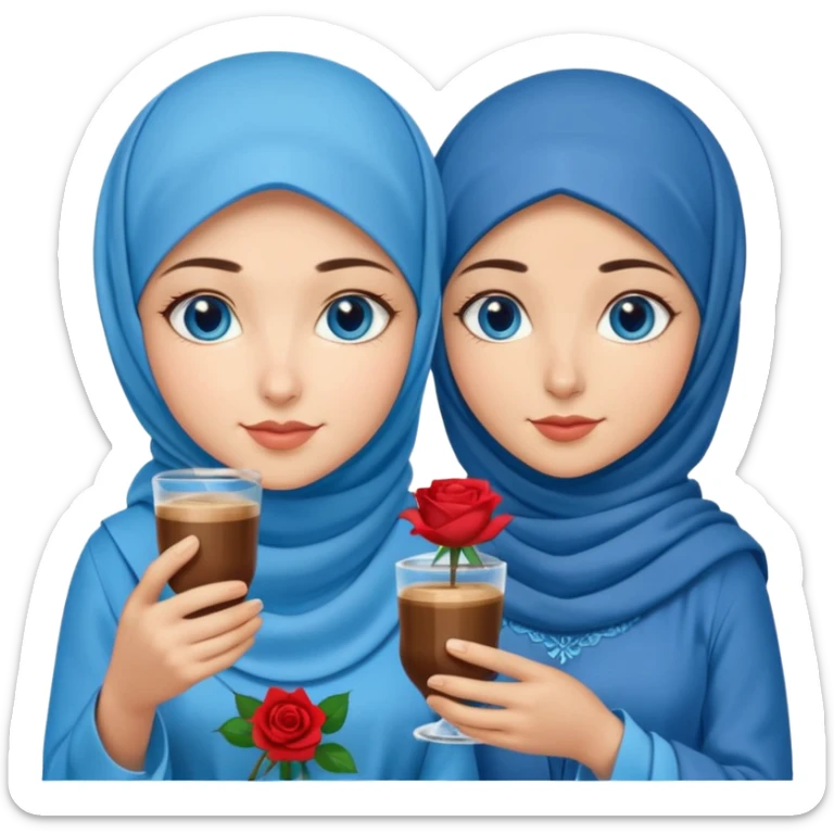 Turkish beautiful finish Konya two girls blue eyes with blue hijab islamic dress and had on her hand Rose Cold turkish coffee   sticker