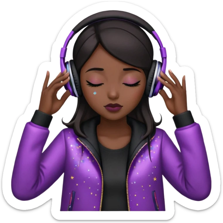 Girl with dark hair, wearing a black jacket, has glitter on her eyelids, and wearing mauve lipstick, wearing headphones, her hands are on her ears, and her eyes are close sticker