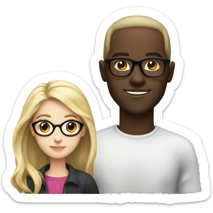 white blonde girl with brown eyes next to a black man with glasses  sticker