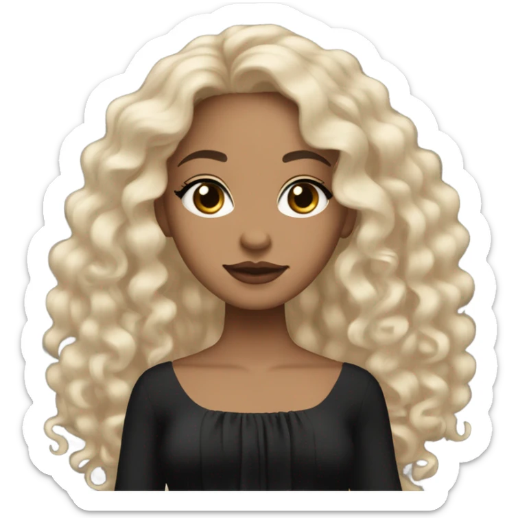 Light skin girl with black very long curly hair, brown eyes, black Chanel dress sticker