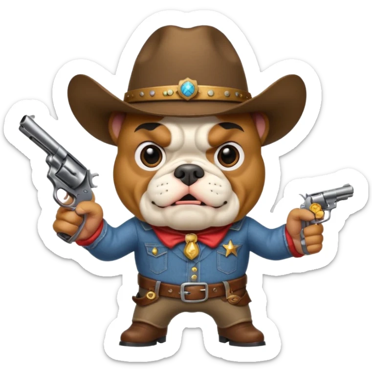 A bulldog wearing a cowboy hat pointing a revolver at you and telling you to hand over your money. sticker